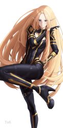 1girl abs absurdres alpha_(kage_no_jitsuryokusha_ni_naritakute!) artist_name blonde_hair blue_eyes bodysuit breasts cleavage cleavage_cutout clothing_cutout commentary covered_navel elf hand_in_own_hair high_heels highres kage_no_jitsuryokusha_ni_naritakute! leg_up long_hair looking_at_viewer narrow_waist parted_bangs pointy_ears simple_background strap thigh_strap tofi very_long_hair white_background