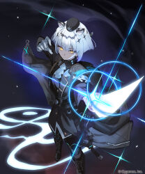 Rule 34 | 1girl, animal ears, ascot, black background, black boots, black hat, black pants, blunt ends, boots, breasts, commentary request, company name, earrings, english text, epaulettes, from above, full body, gildaria (shadowverse), gloves, glowing, glowing sword, glowing weapon, hat, highres, holding, holding sword, holding weapon, jacket, jewelry, lapels, looking at viewer, looking up, medium breasts, military jacket, official art, pants, ponzu (catponz), shadowverse, shadowverse: worlds beyond, sheath, short hair, simple background, solo, sword, tiger girl, unsheathed, weapon, white ascot, white gloves, white hair, yellow eyes