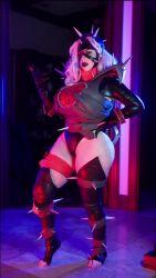 Rule 34 | 1girl, animated, ass, audible music, bishoujomom, black leotard, bodypaint, boots, breasts, censored, cosplay, curvy, elbow gloves, fantastic four, gloves, grey hair, highleg, highleg leotard, highres, huge ass, large breasts, leotard, long hair, makeup, malice (sue storm), malice (sue storm) (cosplay), marvel, marvel rivals, navel, open mouth, parted lips, photo (medium), real life, revealing clothes, shiny clothes, shiny skin, sound, spikes, standing, sue storm, tagme, thigh boots, thong leotard, video, walking, wide hips