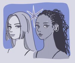 Rule 34 | 2girls, black hair, blue background, blue theme, border, braid, closed mouth, commentary, earrings, english commentary, highres, jewelry, katseye, lips, long hair, looking at viewer, manon (katseye), megan (katseye), monochrome, multiple girls, parted lips, portrait, real life, seeds 00, simple background, single earring, star (symbol)