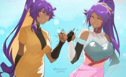 2girls artist_name bare_shoulders bleach bleach:_sennen_kessen-hen breasts breasts_out collarbone colored_inner_hair cosplay costume_switch dark-skinned_female dark_skin detached_sleeves fingerless_gloves fist_bump gloves hair_ornament instagram_username knowname large_breasts long_hair multicolored_hair multiple_girls onmyo_kaiten_re:birth onmyou_kaiten_re:birth parted_bangs patreon_username ponytail purple_hair shihouin_yoruichi shihouin_yoruichi_(cosplay) twitter_username yellow_eyes yura_(onmyou_kaiten_re:birth) yura_(onmyou_kaiten_re:birth)_(cosplay)