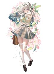 1girl absurdres bag bag_charm black_hairband black_ribbon black_shoes blush bow bowtie brown_bag buttons character_charm charm_(object) closed_mouth collared_shirt double-breasted firefly_(honkai:_star_rail) firefly_(spring_missive)_(honkai:_star_rail) flower gradient_eyes gradient_hair green_bow green_bowtie green_pupils grey_hair grey_sailor_collar grey_skirt hair_between_eyes hair_intakes hair_ornament hair_ribbon hairband hand_in_own_hair highres holding holding_bag honkai:_star_rail honkai_(series) long_hair mnrabbit1109 multicolored_eyes multicolored_hair pink_flower plaid_bow plaid_bowtie plaid_clothes pleated_skirt ribbon sailor_collar shirt shoes simple_background skirt smile solo thighhighs twitter_username white_background white_shirt white_thighhighs