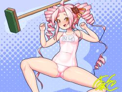1girl blush breasts broom commission drill_hair highres kashiki_main long_hair looking_at_viewer lying on_back one-piece_swimsuit onikko_hunter_tsuina-chan open_mouth pink_hair pointy_ears skeb_commission small_breasts solo spread_legs swimsuit tsuina-chan twin_drills voiceroid white_one-piece_swimsuit yellow_eyes