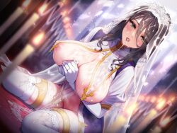 1girl absurdres black_hair blurry blurry_background blurry_foreground blush breast_curtains breasts bridal_veil candle chain church covered_erect_nipples cum cum_in_mouth cum_on_body cum_on_breasts cum_on_clothes cum_on_hair cum_on_legs cum_on_tongue cum_on_upper_body cum_string cumdrip drooling dutch_angle elbow_gloves facial gloves gold_chain hair_between_eyes highres indoors jewelry large_breasts long_bangs long_hair looking_at_viewer navel nun ogre_(illustogre) on_floor open_mouth original own_hands_clasped own_hands_together petronille_(illustogre) revealing_clothes ring sitting solo thighhighs tongue tongue_out veil wariza wedding_ring white_gloves white_thighhighs white_veil yellow_eyes