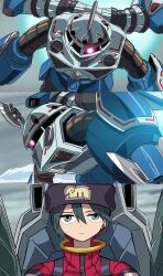 1girl amate_yuzuriha aqua_eyes black_hair bodysuit claws closed_mouth cockpit commentary_request glowing glowing_eye gquuuuuux gundam gundam_gquuuuuux gundam_seed gundam_seed_freedom hat heat_hawk highres looking_at_viewer mecha mecha_focus mecha_pilot_suit mobile_suit multicolored_bodysuit normal_suit_(gundam) one-eyed piloting red_eyes robot scene_reference science_fiction short_hair solokov_(okb-999) thrusters weapon z&#039;gok z&#039;gok_(seed)