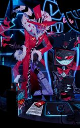 2boys absurdres ama0805 coat colored_skin demon_boy fishnet_thighhighs fishnets formal_clothes fur-trimmed_coat fur_trim hazbin_hotel heart heart-shaped_eyewear highres multiple_boys pink_coat purple_skin red_eyes sharp_teeth suit teeth thighhighs valentino_(hazbin_hotel) vox_(hazbin_hotel)