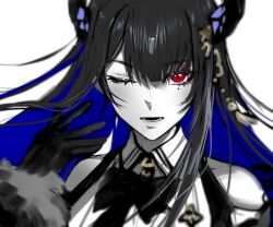 1girl asymmetrical_horns bare_shoulders black_hair blue_hair colored_inner_hair demon_horns fur_trim gegeartnotvt hair_ornament hololive hololive_english horns long_hair looking_at_viewer mole mole_under_eye multicolored_hair nerissa_ravencroft nerissa_ravencroft_(1st_costume) one_eye_closed open_mouth red_eyes solo two-tone_hair uneven_horns virtual_youtuber