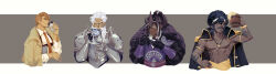 4boys absurdres afro almond_cookie arm_tattoo armor bandal bare_pectorals beard black_cape blue_eyes brown_hair cape captain_caviar_cookie cheekbones coat coat_on_shoulders collared_shirt cookie_run cookie_run:_kingdom cup dark-skinned_male dark_cacao_cookie dark_skin disposable_coffee_cup disposable_cup drinking facial_hair hand_on_own_hip highres jewelry knight long_beard mature_male multiple_boys mustache necklace necktie one_eye_closed pectorals red_eyes scar scar_on_face shirt tattoo tea_knight_cookie teacup