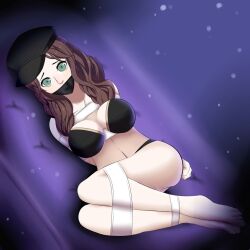 1girl arms_behind_back ass bare_shoulders bdsm black_background black_bra black_hat black_panties bondage bound bra breasts brown_hair cleavage collarbone covered_mouth dankestofdans dorothea_arnault eyeliner feet female_focus fire_emblem fire_emblem:_three_houses gag gagged gold_trim green_eyes hat highres huge_ass improvised_gag intelligent_systems large_breasts lips long_hair lying makeup navel nintendo panties pink_lips purple_background shiny_clothes shiny_skin solo strap tape tape_gag tape_on_mouth thick_thighs thighs underwear underwear_only very_long_hair