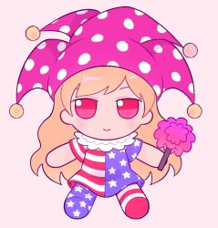 1girl american_flag_dress american_flag_legwear beads blonde_hair closed_mouth clownpiece dreamysuite dress fire full_body fumo_(doll) hat holding holding_torch jester_cap long_hair neck_ruff pantyhose pink_hat polka_dot_headwear purple_fire red_eyes short_sleeves simple_background sitting smile solo star_(symbol) star_print striped_clothes striped_dress striped_pantyhose torch touhou wavy_hair white_background