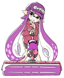 1girl baseball_cap black_shorts carbon_roller_(splatoon) closed_mouth full_body green_eyes hat highres holding holding_weapon hood hood_down hoodie inkling inkling_girl inkling_player_character long_hair long_sleeves looking_at_viewer nintendo pointy_ears purple_hair purple_hat red_hoodie sen_squid shorts smile solo splatoon_(series) standing tentacle_hair third-party_source very_long_hair w weapon white_background