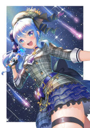 1girl beret black_gloves blue_eyes blue_hair blush dress gloves grey_dress grey_hat hat highres holding holding_microphone hololive hoshimachi_suisei hoshimachi_suisei_(1st_costume) looking_at_viewer medium_hair microphone one_side_up partially_fingerless_gloves poshii_(posy) sidelocks smile solo striped_clothes striped_dress teeth thigh_strap upper_teeth_only vertical-striped_clothes vertical-striped_dress virtual_youtuber