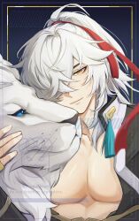 1boy absurdres artist_name black_background closed_mouth collarbone commentary crossed_bangs dandanbiart english_commentary hair_intakes hair_over_one_eye hair_ribbon high_ponytail highres honkai:_star_rail honkai_(series) jing_yuan light_smile lion long_hair male_focus mole mole_under_eye one_eye_covered open_clothes open_shirt parted_bangs pectorals ponytail red_ribbon ribbon shirt sidelocks simple_background solo tassel twitter_username upper_body watermark white_hair white_shirt yellow_eyes
