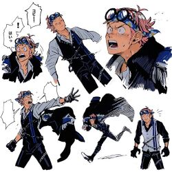 Rule 34 | 1boy, black gloves, black pants, black vest, collared shirt, gloves, grey shirt, headphones, kalk0011, koby (one piece), male focus, multiple views, one piece, open mouth, outstretched arm, pants, round eyewear, running, shirt, sideburns, sweat, teeth, translation request, vest