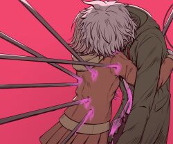 1boy 1girl blood brown_hair brown_jacket brown_skirt danganronpa_(series) danganronpa_2:_goodbye_despair danganronpa_3_(anime) from_side green_jacket grey_hair hood hood_down hooded_jacket hope&#039;s_peak_academy_school_uniform hug jacket kmnm_1403 komaeda_nagito long_sleeves nanami_chiaki pink_background pink_blood pleated_skirt polearm school_uniform simple_background skirt spear spoilers weapon