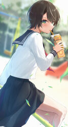 1girl absurdres alternate_costume blue_eyes blue_sailor_collar blue_skirt blush brown_hair closed_mouth drinking_straw drinking_straw_in_mouth highres holding_juice_box hololive leaf looking_at_viewer nayuyu1105 neckerchief oozora_subaru red_neckerchief sailor_collar shirt short_hair skirt slide solo swing virtual_youtuber white_shirt