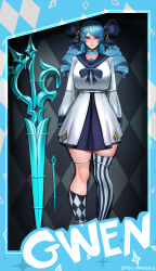 1girl absurdres ahoge badcompzero black_bow black_sailor_collar black_skirt black_thighhighs bow breasts character_doll collarbone doll drill_hair green_hair gwen_(league_of_legends) hair_bow hair_ornament highres kneehighs large_breasts league_of_legends long_sleeves looking_at_viewer needle sailor_collar scissors sewing_needle shirt skirt socks solo striped_clothes striped_thighhighs thighhighs twin_drills twintails white_shirt white_thighhighs x_hair_ornament