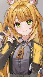 1girl absurdres animal_ear_fluff animal_ears black_gloves blonde_hair closed_mouth collared_shirt commentary_request fang fingerless_gloves gloves green_eyes grey_shirt hair_intakes highres ju_fufu keystone_(costone) light_blush looking_at_viewer shirt simple_background skin_fang smile solo striped_fur tail tiger_ears tiger_girl tiger_tail upper_body v zenless_zone_zero