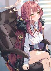 1girl ahoge aru_(blue_archive) bare_legs window_blinds blue_archive blush breasts coat coat_on_shoulders crossed_legs demon_horns feet_out_of_frame fur-trimmed_coat fur_trim half-closed_eyes halo highres horns indoors large_breasts looking_at_viewer neck_ribbon on_chair pink_hair red_coat red_ribbon ribbon shirt sidelocks sitting smile smug solo unacchi_(nyusankin) white_shirt