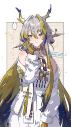 ... 1girl arknights bead_bracelet beads blonde_hair blue_hair blush border bracelet colored_skin commentary_request cowboy_shot dragon_horns grey_eyes grey_hair grid_background hair_ornament hair_stick highres horns jacket jewelry looking_at_viewer multicolored_hair necklace nervous off_shoulder pants red_pupils shirt shoulder_blush shu_(arknights) sleeveless sleeveless_shirt solo spoken_ellipsis twitter_username white_background white_jacket white_pants white_shirt wn_(wani-noko) yellow_background yellow_skin