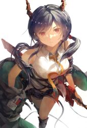 1girl absurdres arknights bare_shoulders black_shorts blue_hair ch&#039;en_(arknights) collared_shirt dragon_girl dragon_horns dragon_tail highres holding holding_sword holding_weapon horns id_card jacket jacket_partially_removed looking_at_viewer low_twintails midriff_peek necktie open_clothes open_jacket red_eyes shin_guards shirt shorts sleeveless sleeveless_shirt solo sword tail twintails weapon white_background white_shirt yellow_necktie yonjuri