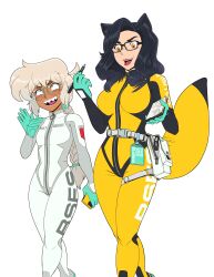 animal_ears blush bodysuit bsfs commander_rab(layer_industries) furry glasses gloves janine_flores latex latex_bodysuit latex_gloves notepad pen reporter sharp_teeth size_difference smile tail teeth