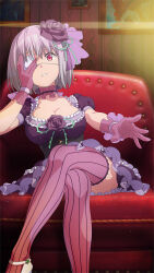 1girl black_corset breasts choker cleavage corset crossed_legs dress dress_flower eyepatch feet_out_of_frame flower frilled_choker frilled_dress frilled_gloves frills game_cg gloves gridman_universe hair_flower hair_ornament hand_over_eye highres indoors large_breasts looking_at_viewer medical_eyepatch official_art pink_gloves pink_hair pink_thighhighs puffy_short_sleeves puffy_sleeves purple_choker purple_dress purple_flower purple_rose reaching reaching_towards_viewer red_eyes rose shinjou_akane shoes short_hair short_sleeves sitting solo ssss.gridman striped_clothes striped_thighhighs thighhighs third-party_source underbust vertical-striped_clothes vertical-striped_thighhighs white_shoes