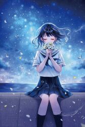1girl black_hair black_neckerchief black_socks blue_skirt blush closed_eyes commentary_request facing_viewer feet_out_of_frame flower ginniroya highres holding holding_flower neckerchief night night_sky original pleated_skirt sailor_collar school_uniform serafuku shirt short_hair short_sleeves sitting skirt sky socks solo star_(sky) starry_sky tears twitter_username white_flower white_sailor_collar white_shirt