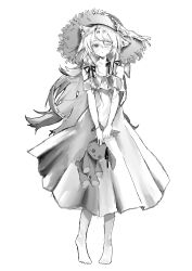 Rule 34 | 1girl, absurdres, animal ears, bare shoulders, blush, bow, bracelet, closed mouth, dress, full body, greyscale, hair between eyes, hair bow, hat, highres, holding, holding toy, jewelry, large hat, long hair, looking at viewer, miyabi (inarizushi), monochrome, no shoes, one eye closed, original, short sleeves, sidelocks, simple background, solo, standing, straw hat, toy, white background