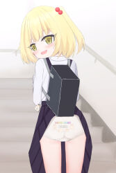 1girl animal_print ass back-print_panties backpack bag black_skirt blonde_hair blush book charm_(object) clothes_lift clothes_writing fang from_behind hair_bobbles hair_ornament hamster_print holding holding_book loli long_sleeves looking_at_viewer looking_back open_mouth original panties ponytail print_panties school_uniform shirt shooko short_hair side_ponytail skirt skirt_lift smile stairs standing suspender_skirt suspenders underwear white_panties white_shirt yellow_eyes