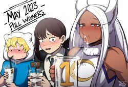 1boy 2girls adventure_time black_hair blackwhiplash blonde_hair boku_no_hero_academia chainsaw_man competition crossover cum cum_in_container cum_in_cup cum_in_mouth cup dark-skinned_female dark_skin drinking_glass finn_the_human gokkun higashiyama_kobeni highres mirko multiple_girls pale_skin stray_pubic_hair white_hair