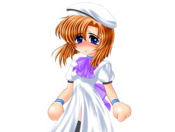 1girl beret black_thighhighs blue_eyes blush bow bowtie bracelet breasts closed_mouth dress embarrassed eyes_visible_through_hair game_cg hair_between_eyes hat higurashi_no_naku_koro_ni jewelry large_variant_set medium_breasts multiple_bracelets no_nose orange_hair parted_bangs purple_bow purple_bowtie ryukishi07 ryuuguu_rena short_hair short_sleeves thighhighs variant_set white_dress white_hat