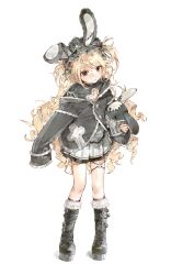 1girl absurdres animal_ears baifeidaiwang black_boots black_eyes black_hairband black_jacket black_shirt blonde_hair boots chinese_commentary commentary_request commission full_body hairband highres holding holding_stuffed_toy jacket knee_boots lolita_hairband long_hair long_sleeves looking_at_viewer off_shoulder original pleated_skirt rabbit_ears sample_watermark shirt simple_background skirt solo standing stuffed_animal stuffed_rabbit stuffed_toy two_side_up watermark white_background white_skirt