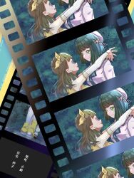 2girls arms_around_neck bare_shoulders beret blunt_bangs blunt_ends bob_cut boots breasts brown_hair center-flap_bangs character_name collared_dress collared_shirt commentary dream_believers dress film_reel flower flower_knot green_eyes hair_flower hair_ornament hat highres kachimachi_kosuzu link!_like!_love_live! long_hair long_sleeves love_live! medium_breasts momose_ginko multiple_girls multiple_views neck_ribbon official_alternate_costume open_mouth outdoors pink_dress pink_eyes pink_hat profile proof_(love_live!) rain recurring_image ribbon sakari_(pear_8_ll) shirt short_hair sleeveless sleeveless_shirt smile standing translation_request virtual_youtuber white_flower yellow_boots yellow_shirt