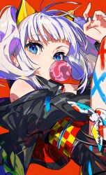 Rule 34 | 1girl, arm up, bare shoulders, black jacket, black nails, blowing bubble gum, blowing bubbles, blue eyes, blue nails, checkered clothes, chewing gum, commentary request, grey hair, highres, jacket, kaguya luna, mika pikazo, nail polish, off shoulder, open clothes, open jacket, red background, sidelocks, simple background, sleeveless, solo, the moon studio, twintails, virtual youtuber