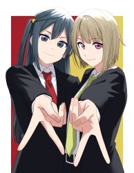 2girls absurdres belt black_belt black_hair black_jacket black_pants black_suit bob_cut border closed_mouth collared_shirt commentary_request formal_clothes grey_eyes grey_hair gyaru_v head_tilt highres jacket long_hair long_sleeves looking_at_viewer love_live! love_live!_nijigasaki_high_school_idol_club multiple_girls nakasu_kasumi necktie one_side_up pants purple_eyes red_background red_necktie s_sho_mkrn shirt short_hair split_theme suit swept_bangs v white_border white_shirt yellow_background yuki_setsuna yuki_setsuna_(love_live!)