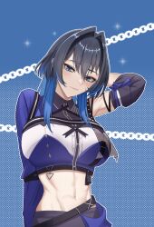 1girl abs absurdres black_hair black_shirt blue_eyes blue_hair blue_shirt breasts closed_mouth crop_top detached_sleeves hair_intakes highres hololive hololive_english hololive_idol_uniform_(color_rise) large_breasts long_hair looking_at_viewer multicolored_hair multicolored_shirt navel ouro_kronii shirt single_detached_sleeve solo toned toned_female two-tone_hair virtual_youtuber white_shirt zenya