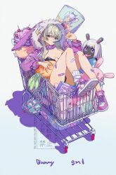 1girl bandaid black_leotard blowing_bubbles cake food in_shopping_cart kitou_saji leotard no_pants original shopping_cart