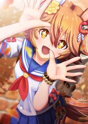 +_+ 1girl animal_ears arms_up backpack bag bare_shoulders bead_bracelet beads blue_sailor_collar blue_skirt blurry blurry_background bracelet clothing_cutout clover_hair_ornament commentary_request daruma_doll day ear_covers falling_leaves flipped_hair four-leaf_clover_hair_ornament hair_between_eyes hair_ornament horse_ears horse_girl horse_tail jewelry leaf looking_at_viewer maneki-neko matikanefukukitaru_(umamusume) neckerchief open_mouth orange_hair otono_(bkt4b) outdoors red_neckerchief sailor_collar shirt short_hair short_sleeves shoulder_cutout single_ear_cover skirt smile solo tail umamusume white_shirt