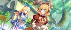 2girls alice_(alice_in_wonderland) alice_(alice_in_wonderland)_(cosplay) animal_ear_hairband animal_ears apron blonde_hair blue_dress blue_eyes blue_hairband bow bow_hairband bowtie braid brown_shirt closed_eyes closed_mouth cosplay crescent cropped_jacket cup dress dress_bow ears_down fake_animal_ears game_cg gloves hair_bow hair_over_shoulder hairband highres holding holding_tray iris_(konosuba) jacket juliet_sleeves kono_subarashii_sekai_ni_shukufuku_wo! konosuba!_fantastic_days light_blush long_hair long_sleeves looking_back march_hare_(alice_in_wonderland) march_hare_(alice_in_wonderland)_(cosplay) medium_hair multiple_girls neck_ribbon official_alternate_costume official_art puffy_short_sleeves puffy_sleeves rabbit_ear_hairband rabbit_ears rain_(konosuba) red_bow red_bowtie red_jacket red_ribbon ribbon shirt short_sleeves side_braid sidelocks smile star_(symbol) sunlight tea_set teacup teapot tray tree white_apron white_bow white_gloves
