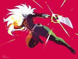 1girl absurdres artist_name black_boots blue_skin bodysuit boots breasts colored_sclera colored_skin commentary commission covered_abs cropped_jacket demon_girl dragon_ball english_commentary fire floating_hair full_body grey_bodysuit highres holding holding_behind_back holding_polearm holding_weapon holding_weapon_behind_back knee_up koralldiz long_hair looking_to_the_side medium_breasts multicolored_bodysuit muscular muscular_female original pointy_ears polearm pyrokinesis red_background red_bodysuit red_sclera solo thick_thighs thigh_boots thighs weapon white_eyes white_hair