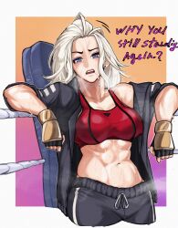 Rule 34 | 1girl, abs, black jacket, black pants, blue hair, boxing ring, cowboy shot, crop top, english text, fingerless gloves, gloves, highres, jacket, kunio-kun series, makdraw25, marian kelly, midriff, muscular, muscular female, open mouth, pants, red sports bra, river city girls, river city girls 2, simple background, solo, sports bra, sweat, track pants, white background