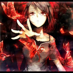 1girl amakura_mio ayatoki-1 bad_id bad_pixiv_id black_hair bug butterfly crying fatal_frame fatal_frame_2 female_focus insect pleading reaching reaching_towards_viewer red_eyes ribbon short_hair solo tears