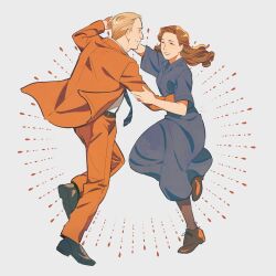 1boy 1girl ^_^ aakipple blonde_hair blue_dress brown_hair brown_pants brown_suit closed_eyes commentary dancing dress dress_pants dress_shirt english_commentary formal_clothes full_body gesicht_(pluto) grey_background hand_on_another&#039;s_arm hand_on_another&#039;s_waist heel_up helena_(pluto) hetero highres holding_hands leg_up looking_at_another necktie oxfords pants pants_tucked_in pluto_(manga) shirt smile suit
