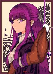 1girl abstract_background absurdres artdroiiid_ii blunt_bangs border breasts bright_pupils butterfly_hair_ornament collar collared_dress commentary dress english_commentary fern_(sousou_no_frieren) frilled_collar frills from_side hair_ornament hair_over_shoulder half_updo highres holding holding_staff large_breasts long_hair long_sidelocks looking_at_viewer mage_staff purple_border purple_eyes purple_hair purple_robe robe serious sidelocks sideways_glance solo sousou_no_frieren staff straight_hair upper_body white_dress white_pupils