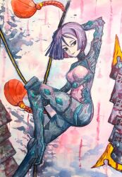 Rule 34 | 1girl, black eyes, bodysuit, breasts, commentary request, dual wielding, fate/grand order, fate (series), highres, holding, holding polearm, holding weapon, keishi (pixiv 1245064), medium breasts, painting (medium), polearm, purple bodysuit, purple eyes, short hair, solo, traditional media, ushi gozen (avenger) (fate), ushi gozen (fate), watercolor (medium), weapon