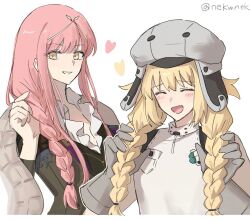 2girls alternate_hairstyle artoria_caster_(fate) artoria_caster_(first_ascension)_(fate) artoria_pendragon_(fate) bare_shoulders braid closed_eyes cnoc_na_riabh_(fate) dress fate/grand_order fate_(series) gloves grey_gloves grey_hat hat heart highres long_hair medb_(fate) multiple_girls nekwnek simple_background single_braid sleeveless sleeveless_dress smile twitter_username white_background white_dress yellow_eyes