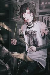 1boy akane_(st31010) arm_warmers bandaid bandaid_on_shoulder bare_shoulders belt_collar black_collar black_hair black_nails black_pants chain chain_necklace cigarette collar commentary_request cross cross_earrings cross_necklace denim drum drum_set drumsticks ear_piercing earrings eyeshadow grey_arm_warmers hair_between_eyes highres holding holding_drumsticks indoors instrument jeans jewelry looking_at_viewer makeup male_focus medium_hair multicolored_hair multiple_rings necklace on_chair original pants parted_lips piercing poster_(object) print_shirt red_eyes red_hair ring shirt sitting sleeveless sleeveless_shirt smoke smoking solo spiked_collar spikes st31010 stud_earrings tank_top torn_clothes torn_jeans torn_pants two-tone_hair upper_body white_tank_top