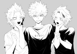 Rule 34 | 3boys, arms up, bakugou katsuki, boku no hero academia, commentary request, crew neck, curtained hair, greyscale, hand on another&#039;s arm, hand on another&#039;s chin, highres, kaminari denki, kirishima eijiro, looking at another, looking at viewer, male focus, monochrome, multicolored hair, multiple boys, neminemisho, open mouth, sharp teeth, shirt, short hair, short sleeves, streaked hair, t-shirt, teeth, thumbs up, upper body, upper teeth only, wide-eyed