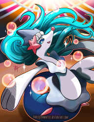 Rule 34 | :d, absurdres, blue eyes, circus, commentary, creature, deviantart username, english commentary, gen 7 pokemon, harlequinwaffles, highres, looking up, mixed-language commentary, nintendo, no humans, open mouth, outline, outstretched arms, pokemon, pokemon (creature), pokemon focus, primarina, signature, smile, solo, spanish commentary, sparkle, spread arms, stage, watermark, web address